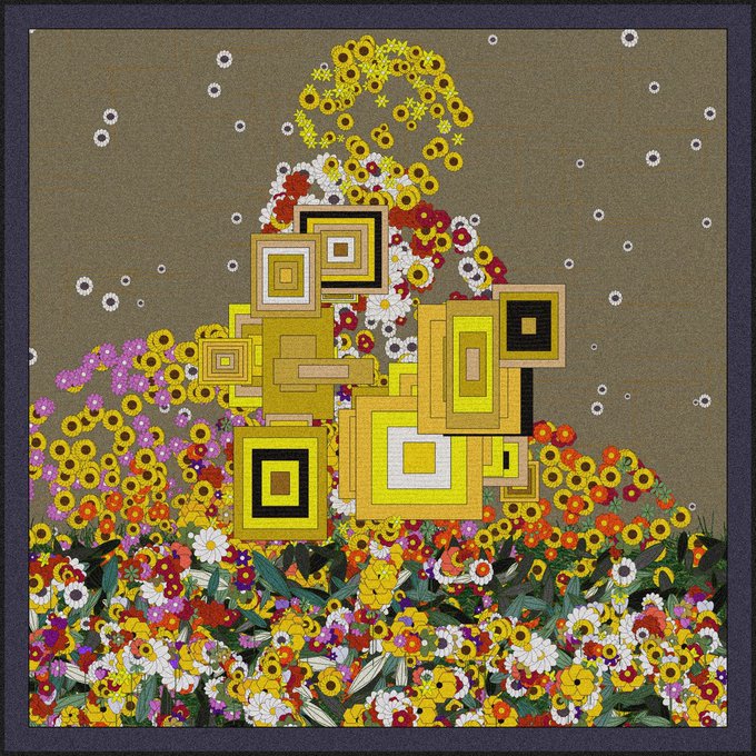 A geometric floral artwork features golden block structures rising from a vibrant bed of colorful flowers against a starry background, resembling a pixelated garden scene. The image relates to the post by showcasing what appears to be a digital/abstract interpretation of flowers sent as a tribute to Francisco Carolinum Museum's exhibition in Linz, Austria.