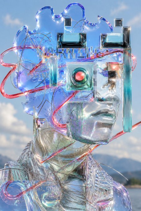 A translucent, iridescent robotic or cyborg figure with mechanical headgear and a red circular lens over one eye, set against a backdrop of blue sky and mountains.