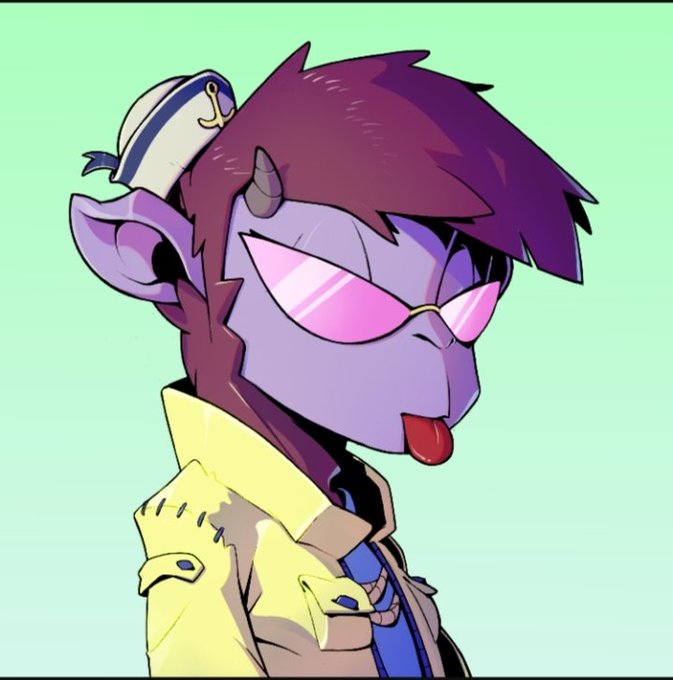 Digital cartoon illustration of a purple-skinned character with small horns, pink sunglasses, a sailor hat, and a yellow jacket, sticking out their tongue against a light green background.