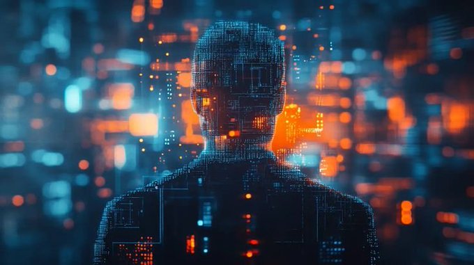 A digital silhouette of a human figure rendered in circuit-like patterns emerges against a vibrant blue and orange backdrop of glowing data streams, evoking the intersection of artificial intelligence and human trust systems. This visual metaphor aligns with the post's framework of trust layers—from personal to market—suggesting that next-generation technologies like @GenLayer will mechanize adjudication, the long-overlooked trust layer humans have relied on institutions to fulfill.