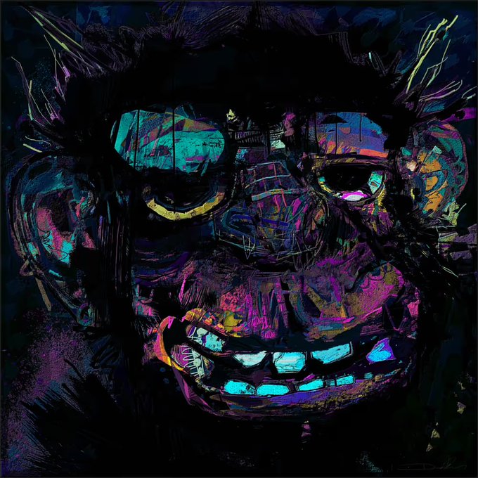 A vibrant, multicolored digital painting portrays a stylized monkey face with glowing yellow eyes and bright turquoise teeth.