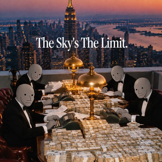 A surreal composite image showing four faceless figures in formal attire sitting around a table covered in cash with old typewriters, set against a New York City skyline at sunset, with the text 'The Sky's The Limit.'