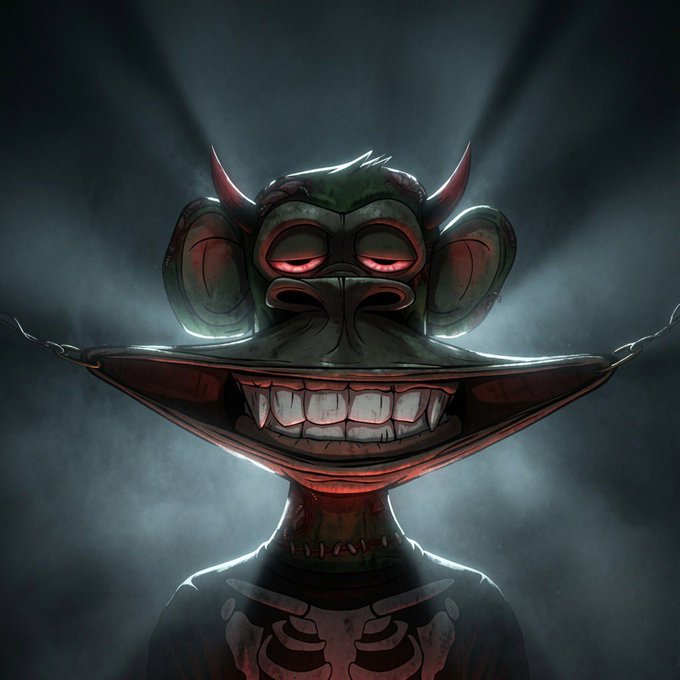 A dark, sinister illustration of a monkey with red horns, glowing red eyes, and a wide menacing grin, set against a shadowy background with dramatic backlighting.