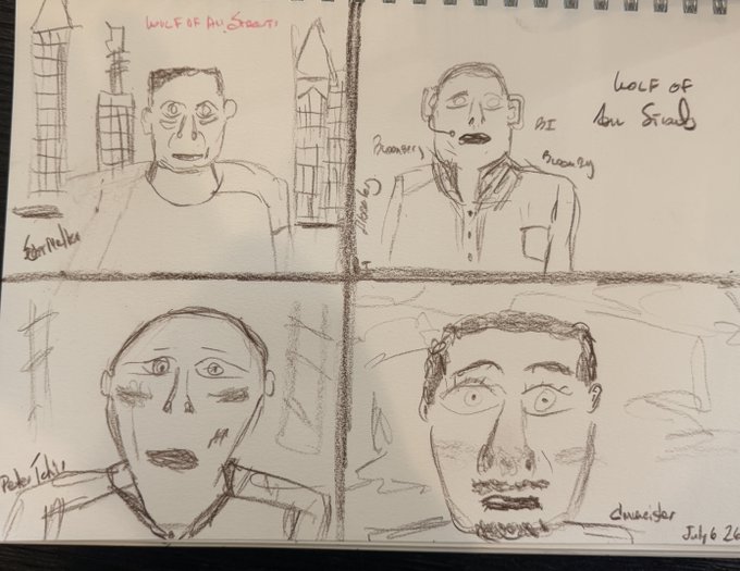 Four pencil sketches in a sketchbook depicting caricature-style self-portraits labeled with company names like "WOLF OF AIR STREET," "MORNING BREWING," and "STREETER," dated July 6, with the post framing it as a "Macro Monday" art challenge featuring humorous trading/business-themed illustrations.
