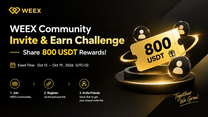 The image is a promotional banner for the WEEX Community Invite & Earn Challenge, featuring a black and gold design with a large 800 USDT ticket graphic and user icons on a podium, highlighting the event running from Oct 13 – Oct 19, 2026, with a 3-step process: join WEEX communities, register via the exclusive link, and invite friends to get a unique invite link.
