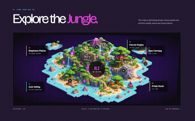 A stylized isometric map titled 'Explore the Jungle.' features various locations including Elephant Plains, Parrot Peaks, Ape Canopy, Cob Valley, and Pride Rock, set against a dark purple background.