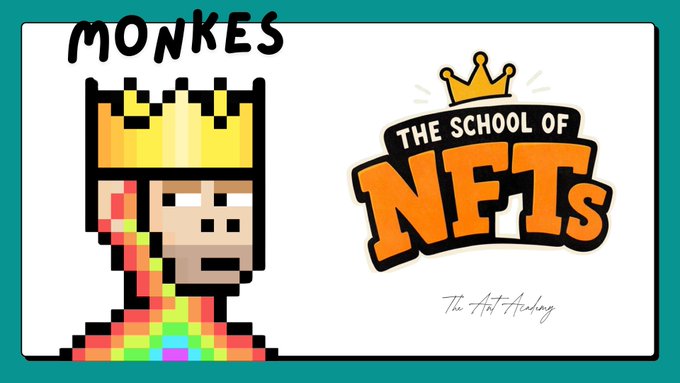 A graphic features a pixel-art monkey king character with 'MONKES' text alongside 'THE SCHOOL OF NFTS' logo with 'The Art Academy' signature.