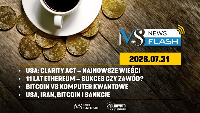 The image is a promotional graphic for "News Flash" dated 2026.07.31, featuring a white coffee cup surrounded by Bitcoin tokens on a wooden surface. It lists crypto topics including the USA Clarity Act, 11 years of Ethereum, Bitcoin vs quantum computing, and USA/Iran Bitcoin sanctions, promoting the NewsFlash channel as referenced in the accompanying post.