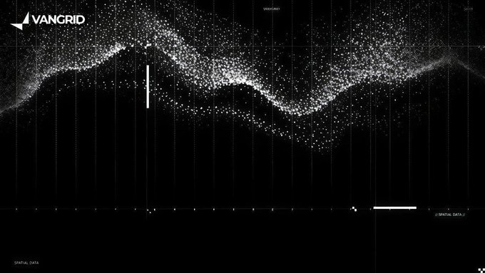 A black and white Vangrid data visualization showing scattered spatial data points forming wave-like patterns, labeled 'VANGRID', 'SPATIAL DATA', and '//SPATIAL DATA//'.