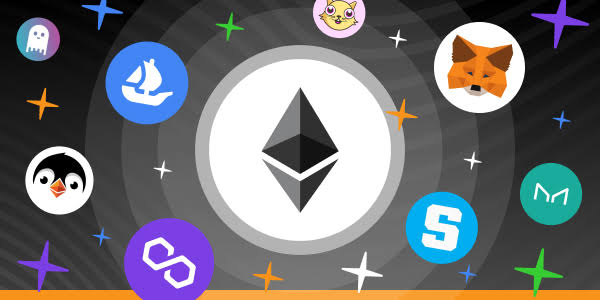 A dark graphic illustration featuring the Ethereum cryptocurrency logo in the center, surrounded by various cryptocurrency icons including Sia, Monero, and others, with colorful star sparkles scattered throughout on a black background.