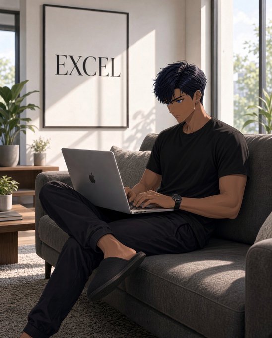 An anime-style illustration of a dark-haired man working on an Apple laptop while sitting on a gray couch, with a framed poster reading 'EXCEL' on the wall behind him.
