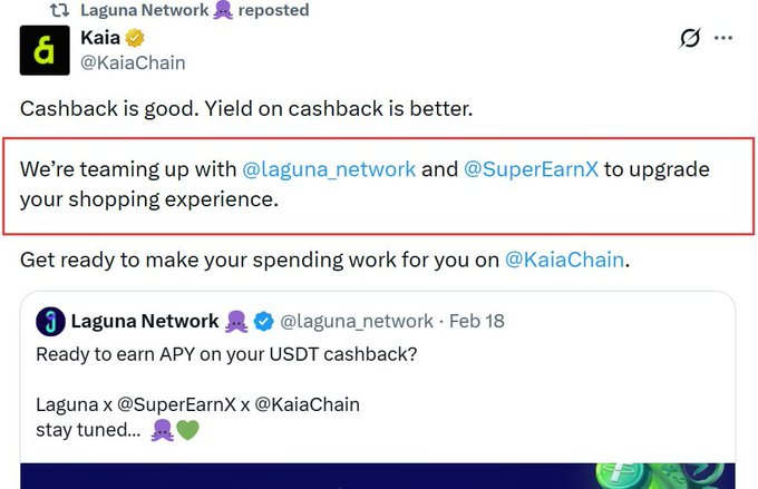 The image shows a screenshot of an advertisement for Laguna Network, offering users the opportunity to participate in a new airdrop program called "Laguna (Potential Airdrop & Confirmed Reward)". The text above the image invites people to sign up and use a specific email address provided. This offers a chance to earn points or tokens that can be used for further purchases, such as payment on Amazon or other online stores. It also mentions an upcoming hashtag (#Laguna #superearx), which suggests that this could be a social media campaign related to Laguna Network and its new program.
