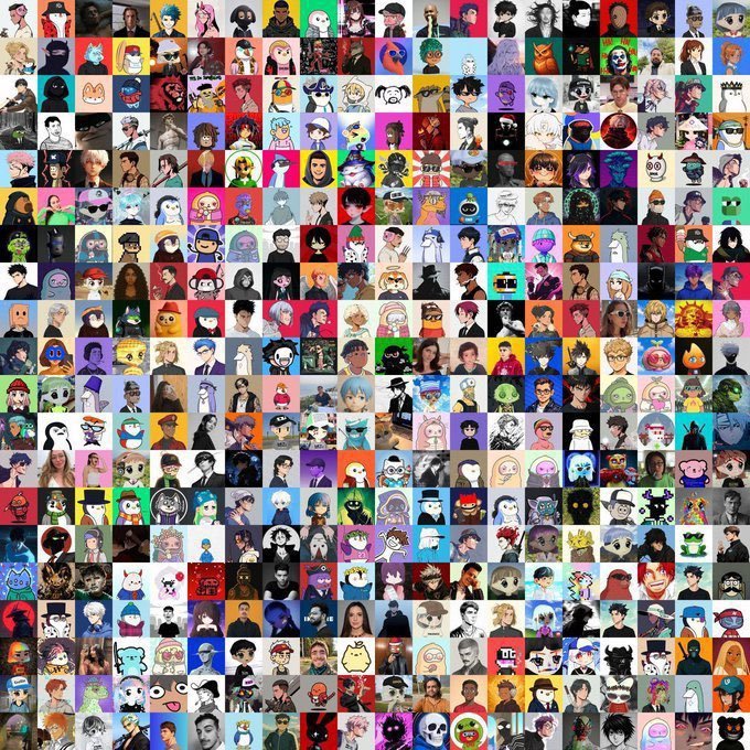 A grid of numerous small images, primarily featuring Roblox avatars in various styles, costumes, and settings with diverse color palettes.