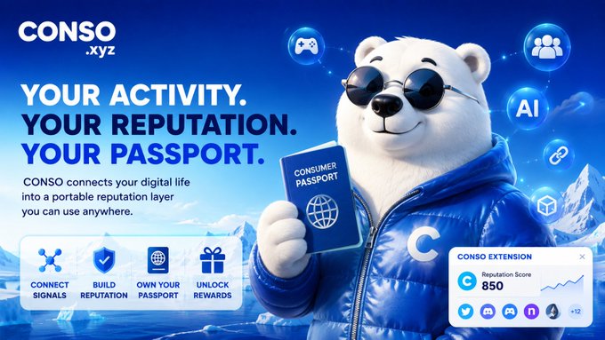 An advertisement for "CONSO.xyz" featuring a polar bear wearing sunglasses and a blue jacket holding a "CONSUMER PASSPORT" booklet, with text reading "YOUR ACTIVITY. YOUR REPUTATION. YOUR PASSPORT."
