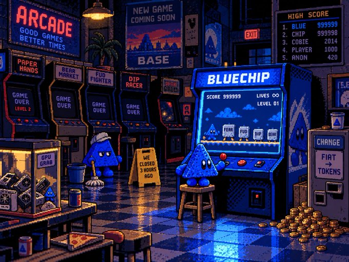 A pixel-art arcade scene featuring blue characters and arcade cabinets labeled 'BLUECHIP', 'PAPER HANDS', 'BEAR MARKET', 'FUD FIGHTER', and 'DIP RACER', with a high score board showing 'BLUE 999999' and a sign reading 'WE CLOSED 3 HOURS AGO'.