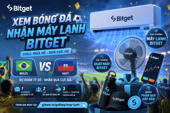 The image features a promotional poster for Bitget, which includes various items related to soccer fans. The poster showcases a fan's favorite soccer team from Brazil, as well as other teams like Honduras and Haiti. There are also several items such as a soccer ball, a sports ball, a soccer jersey, a soccer hat, and a soccer ball pump displayed on the poster. These items represent different aspects of the soccer culture and support for the sport. The image is accompanied by text in Vietnamese that reads "Xem Bóng Đá, Nhận Máy Lạnh Bitget" which translates to "Fans' favorite teams from Brazil".
