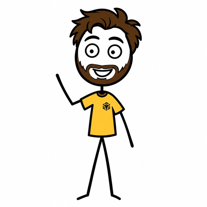 A cartoon illustration of a bearded man with messy brown hair, wide eyes, and a big smile, wearing a yellow t-shirt with a small logo.
