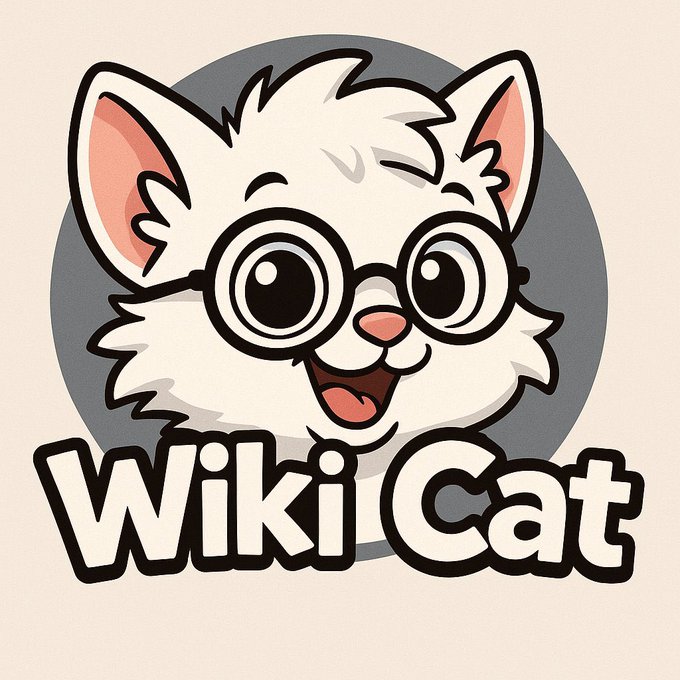 A cartoon logo featuring a cheerful white cat wearing round glasses with the text "WikiCat" displayed prominently below it. The image serves as branding for $WKC, aligning with the post's bullish sentiment about the token's potential run.