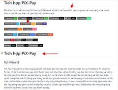 The image shows a Vietnamese-language comparison of "Tích hợp PiX-Pay" (Integrating PiX-Pay) features across two lists, with instructions for setup, and a Facebook comment from "Vi Pi A" noting Pi Network's progress toward Open Mainnet.