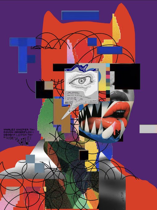 A chaotic glitch-art portrait features a red devil-horned figure with a pixelated error window displaying an eye, jagged teeth, and red lips, overlaid with the text "WHALES WHISPER THROUGH ORDERFLOW! DEGEN'S LISTEN THROUGH VOLUME." The distorted, ominous aesthetic and cryptic on-chain language ("orderflow," "whales") visually reinforce the post's implication that an insider ("final operator") may have just executed a significant trade.