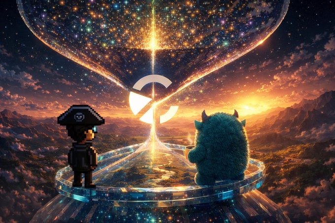 A pixelated soldier and a fluffy teal monster gaze out at a cosmic, glowing hourglass set against a dramatic sky, symbolizing the flow of time and value. The scene visually mirrors the post's message about tokenization being just the first step, suggesting that the true potential of real-world asset (RWA) projects unfolds over time as they integrate into the broader financial ecosystem.