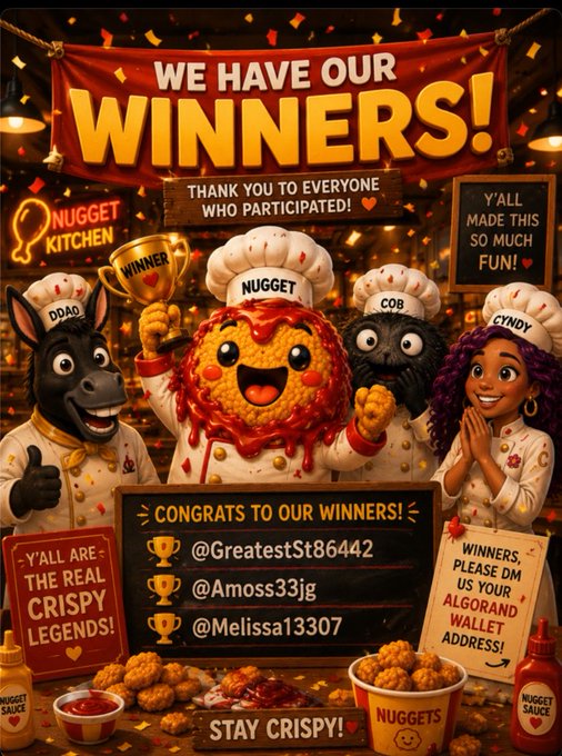 A colorful 'WE HAVE OUR WINNERS!' announcement graphic for Nugget Kitchen featuring cartoon mascot characters (a donkey named DDAD, a chicken nugget named NUGGET, a gorilla named COB, and a woman named CYNDY) celebrating winners @GreatestSt86442, @Amoss33jg, and @Melissa13307.