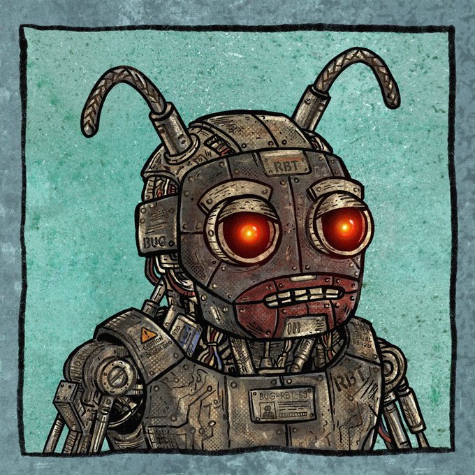 An illustration of a steampunk-style robot with antennae, glowing red eyes, and a vintage mechanical design, featuring various labeled components like "RBT" and "BUG-RBT-01" on its metallic body against a textured teal background.