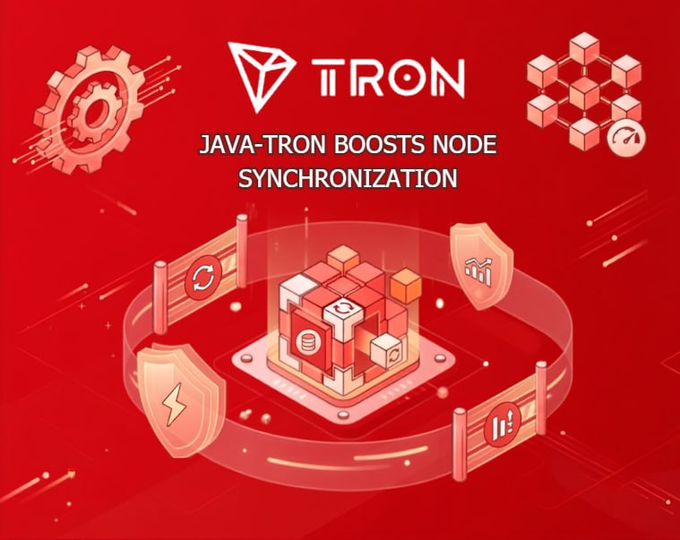 A red promotional graphic for TRON blockchain featuring the tagline 'JAVA-TRON BOOSTS NODE SYNCHRONIZATION', with isometric 3D illustrations of blocks, gears, shields with security icons, and a network ring design.