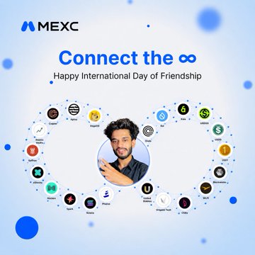 A MEXC promotional graphic titled 'Connect the ∞' celebrating the International Day of Friendship, featuring a central photo of a man surrounded by a network of cryptocurrency logos.