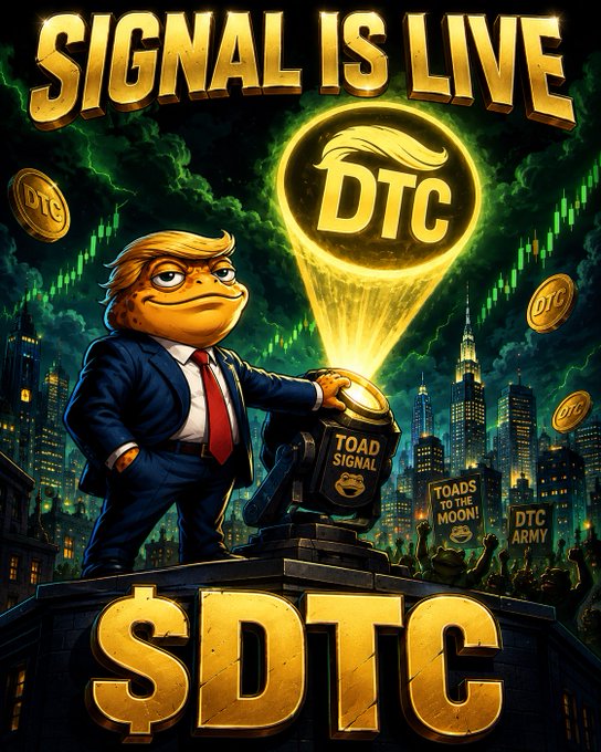 The image features a poster for a cryptocurrency called "SDC" with a cartoon character dressed as a businessman, holding up a golden coin that says "DTC". The background of the poster shows a city skyline at night, with various buildings illuminated by lights. The text on the poster emphasizes the importance and potential of the cryptocurrency, while also drawing attention to its connection to the post about Donald Trump.