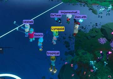 A screenshot of an in-game gathering showing several Roblox avatars with name tags including 'veetek', 'Ssorn', '0xTank', 'lynqoid', 'tropical', 'imjameshail_', and 'Zom.eth'.