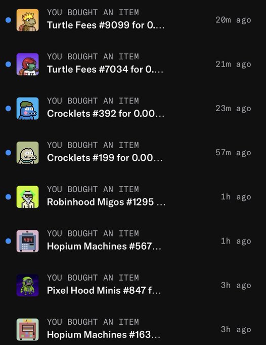 A notification feed listing recent NFT purchases, including 'Turtle Fees #9099', 'Crocklets #392', and 'Robinhood Migos #1295' at various timestamps.