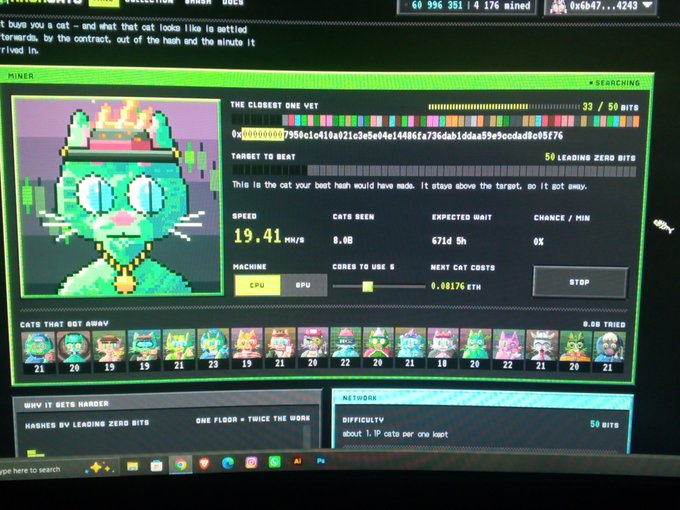 A computer monitor displaying a pixel-art crypto mining game interface, showing a mining dashboard with statistics like '19.41 MH/S', '8.0E', '671d 5h', and '0.00174 ETH' alongside a pixel-art cat character wearing a crown and glasses.