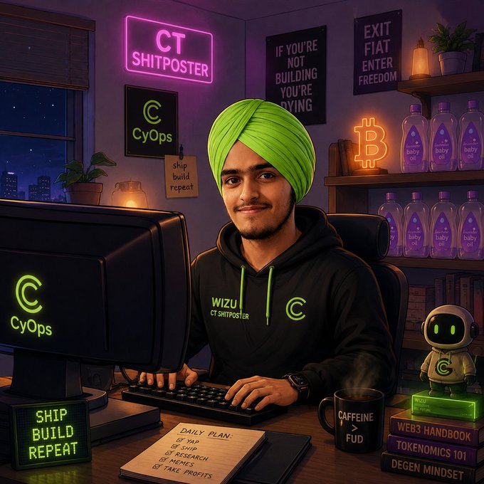 A digital illustration depicts a man in a green turban and 'WIZU CT SHITPOSTER' hoodie working at a computer, surrounded by crypto-themed decor including a 'CT SHITPOSTER' neon sign, 'CyOps' logo, a Bitcoin lamp, 'CAFFEINE > FUD' mug, and motivational signs like 'IF YOU'RE NOT BUILDING YOU'RE DYING' and 'EXIT FIAT ENTER FREEDOM'.