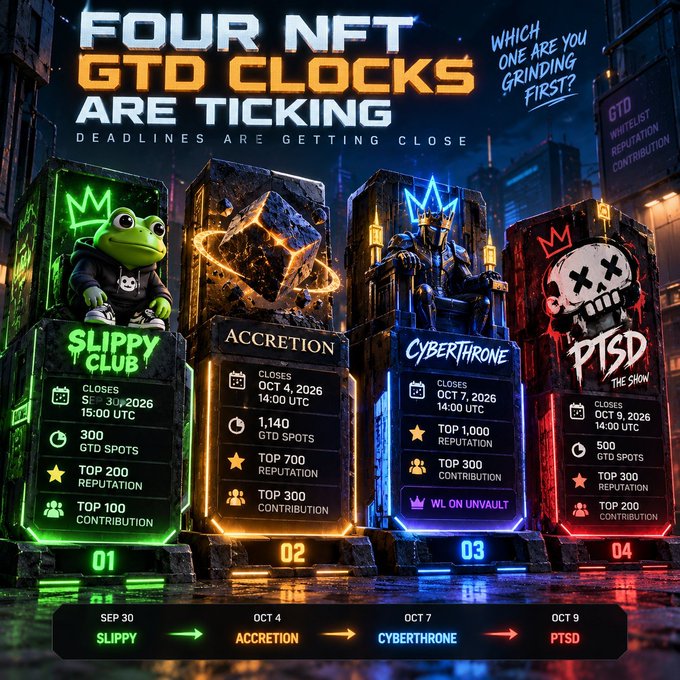 A promotional graphic titled 'FOUR NFT GTD CLOCKS ARE TICKING' featuring four NFT projects: SLIPPY CLUB, ACCRETION, CYBERTHRONE, and PTSD, each with closing dates and prize tiers (GTD Spots, Reputation, Contribution).