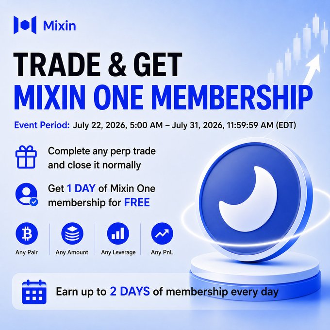 A promotional graphic for Mixin titled 'TRADE & GET MIXIN ONE MEMBERSHIP' advertising an event from July 22-31, 2026, offering free membership days for completing perpetual trades on any pair, amount, or leverage.