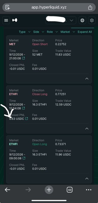 A mobile screenshot of the app.hyperliquid.xyz website displays a list of cryptocurrency trades, including a Market 'MET' trade to Open Short and two Market 'ETHFI' trades to Close Long and Open Long, along with their respective trade values in USDC.