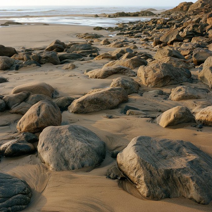 Large, smooth boulders rest on a sandy beach with ocean waves and a distant shoreline visible in the background under a soft sky.
