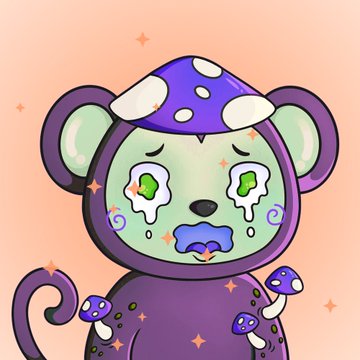 A cute cartoon bear character with a mushroom-shaped hood, green teary eyes, and purple lips appears against a peach background with sparkles and small mushrooms, serving as artwork for the MOSHIKINS × Wendy J giveaway promotion offering 10 GTD spots.
