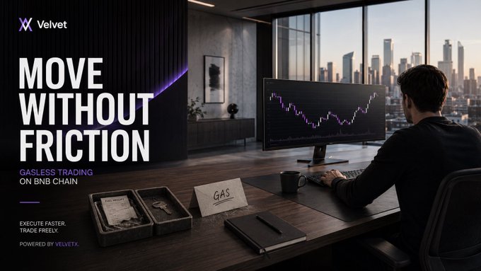 A sleek promotional image for VelvetX's gasless trading on BNB Chain, featuring a trader at a desk overlooking a cityscape with the bold text "MOVE WITHOUT FRICTION" alongside the phrase "GASLESS TRADING ON BNB CHAIN." A "GAS" label on the desk emphasizes the platform's elimination of gas fees, visually reinforcing the caption's message about seamless, gas-free swaps.