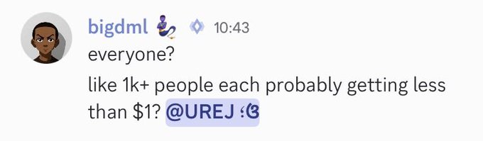 The image shows a Discord message from user "bigdml" asking "everyone?" and commenting "like 1k+ people each probably getting less than $1? @UREJ," highlighting skepticism about the prize pool distribution among a large number of participants in relation to the two-week daily posting sprint.