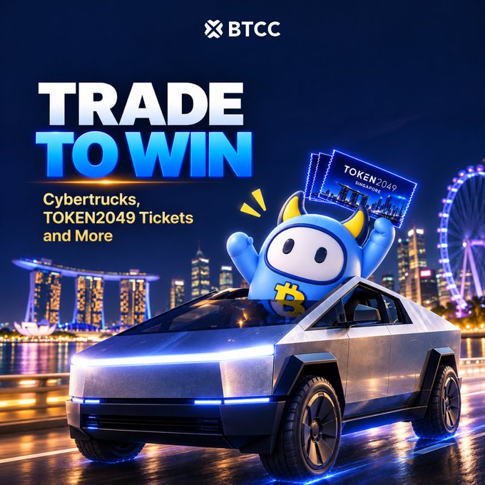 A promotional BTCC "TRADE TO WIN" campaign banner features the blue Bitcoin-holding mascot atop a Tesla Cybertruck against a Singapore skyline, advertising prizes including Cybertrucks and TOKEN2049 Singapore tickets that align with the post's mention of a Tesla Cybertruck giveaway and btcc.com market link.