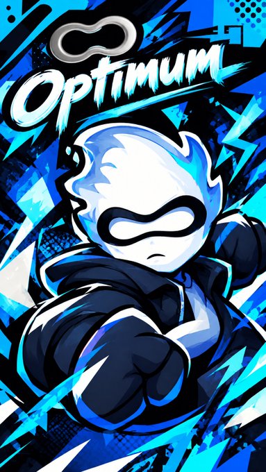 A vibrant blue and white graphic featuring a hooded character with a mask, surrounded by lightning bolts and stars, with the word 'Optimum' displayed at the top.