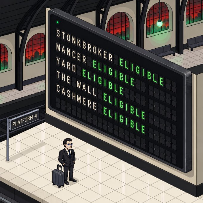 A pixel art illustration of a businessman with a suitcase standing at a train station platform (Platform 4) under a large digital display showing stock ticker-style text that reads 'STONKBROKER ELIGIBLE', 'MANCER ELIGIBLE', 'YARD ELIGIBLE', 'THE WALL ELIGIBLE', and 'CASHMERE ELIGIBLE'.