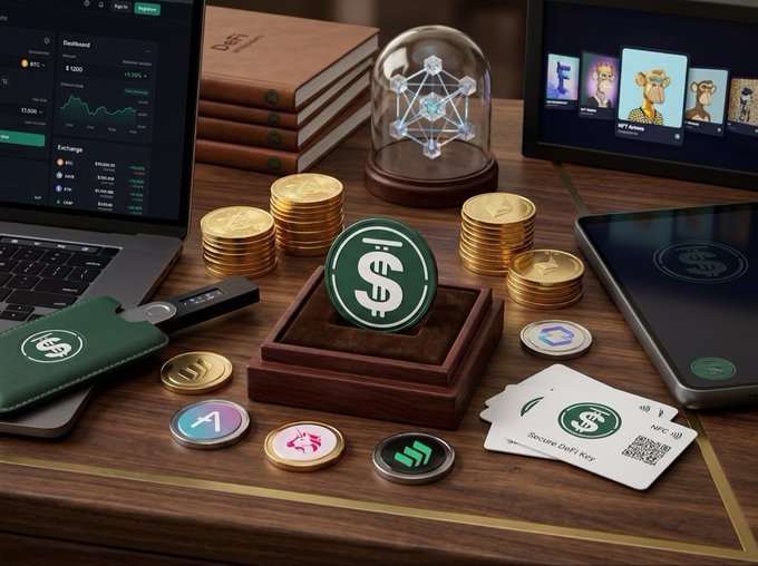 A wooden desk displaying various cryptocurrency items including a laptop showing a dashboard, a tablet with NFTs, USDC coins, stacked gold coins, a hardware wallet, and NFT cards under a glass dome.