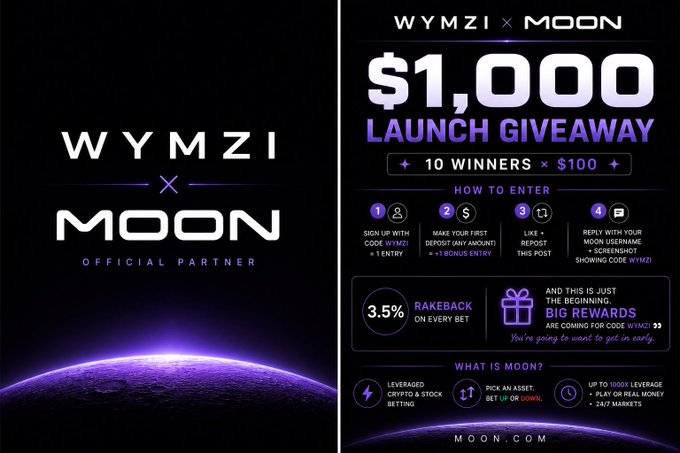 Promotional graphic for the "WYMZI × MOON" partnership, announcing a "$1,000 LAUNCH GIVEAWAY" with 10 winners of $100, featuring entry instructions using code "WYMZI" and details about Moon's leveraged crypto betting platform offering 3.5% rakeback.