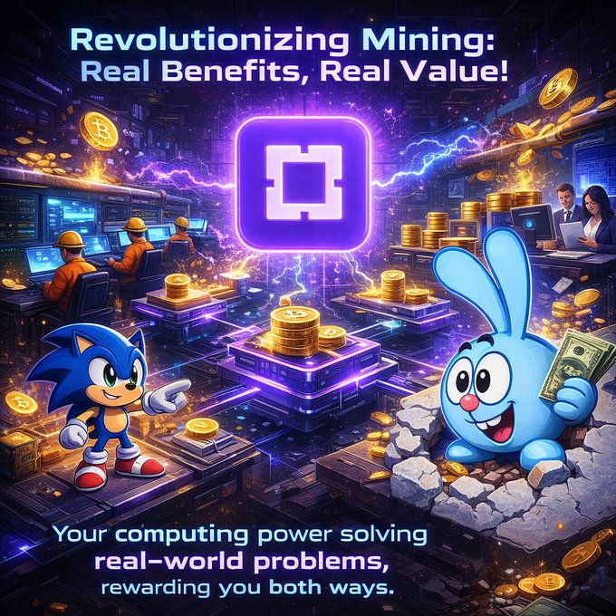 A vibrant digital advertisement titled "Revolutionizing Mining: Real Benefits, Real Value!" featuring a purple cryptocurrency logo, piles of gold coins, and cartoon characters including Sonic the Hedgehog and a blue rabbit holding money, with text reading "Your computing power solving real-world problems, rewarding you both ways."