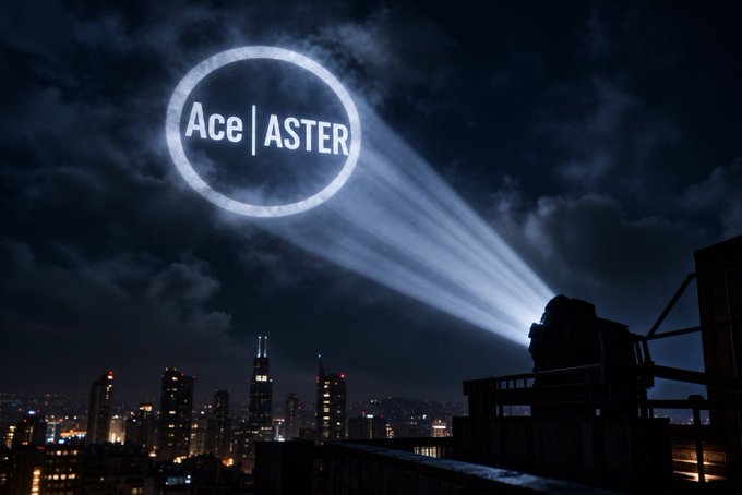 A spotlight projects the 'Ace | ASTER' logo into the night sky above a city skyline, creating a bat-signal style emblem among the clouds.