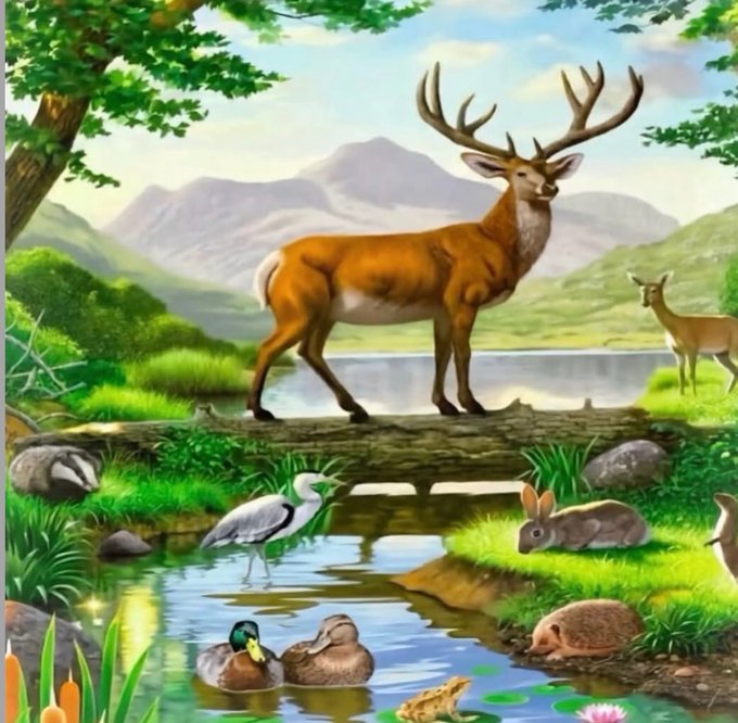 A vibrant nature painting featuring a large stag with prominent antlers standing by a river, accompanied by a smaller deer, a heron, ducks, rabbits, a hedgehog, and a frog among lush greenery and mountains.