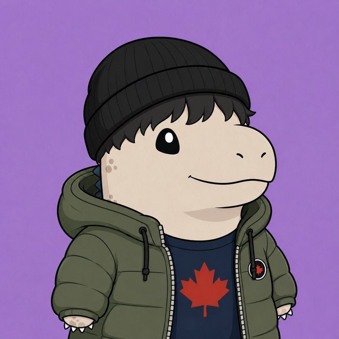 A cartoon illustration of a character wearing a black beanie and an olive green puffer jacket over a blue shirt featuring a red maple leaf, set against a purple background.